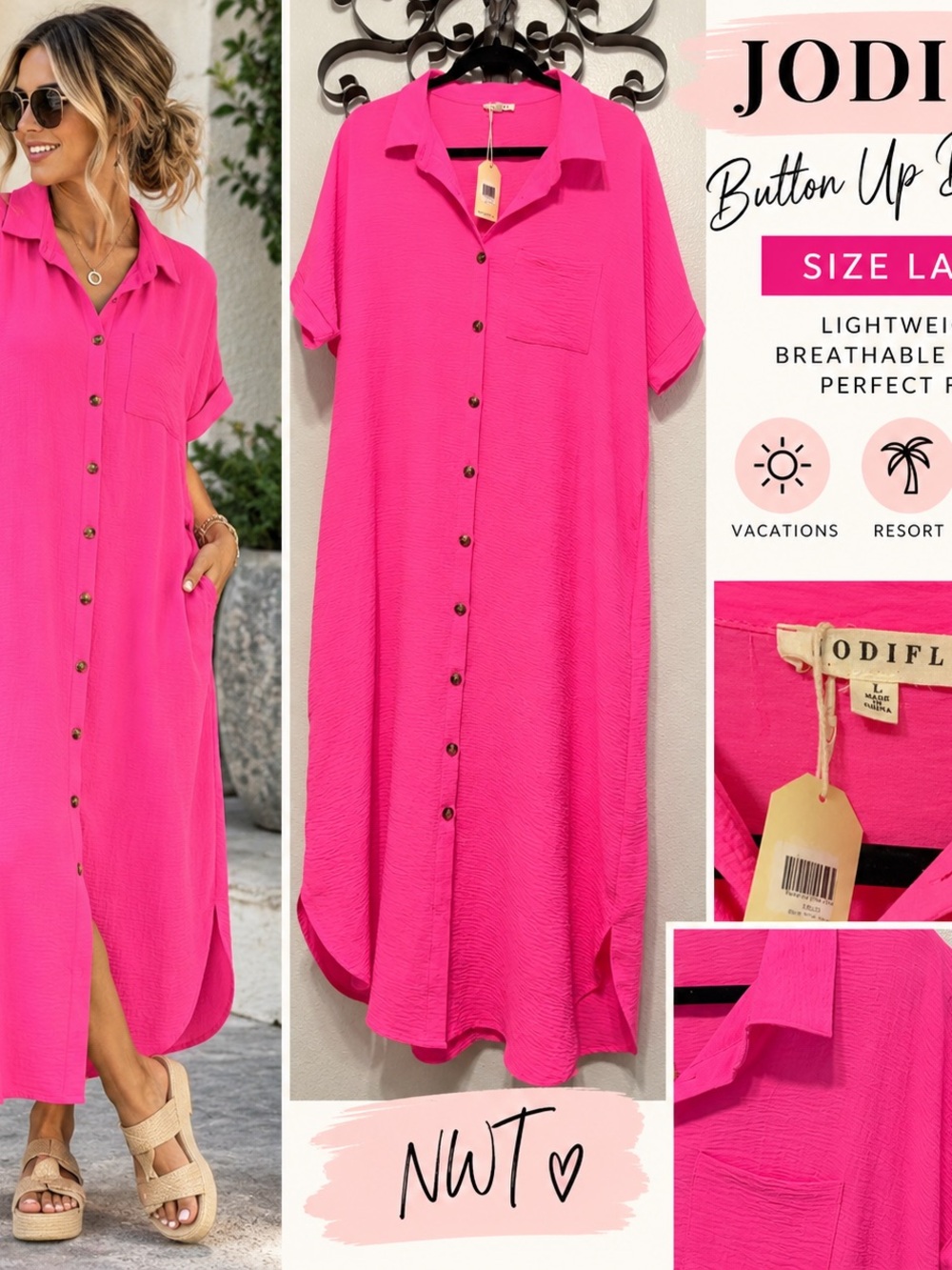 JODIFL Button-Up Midi Dress in Hot Pink